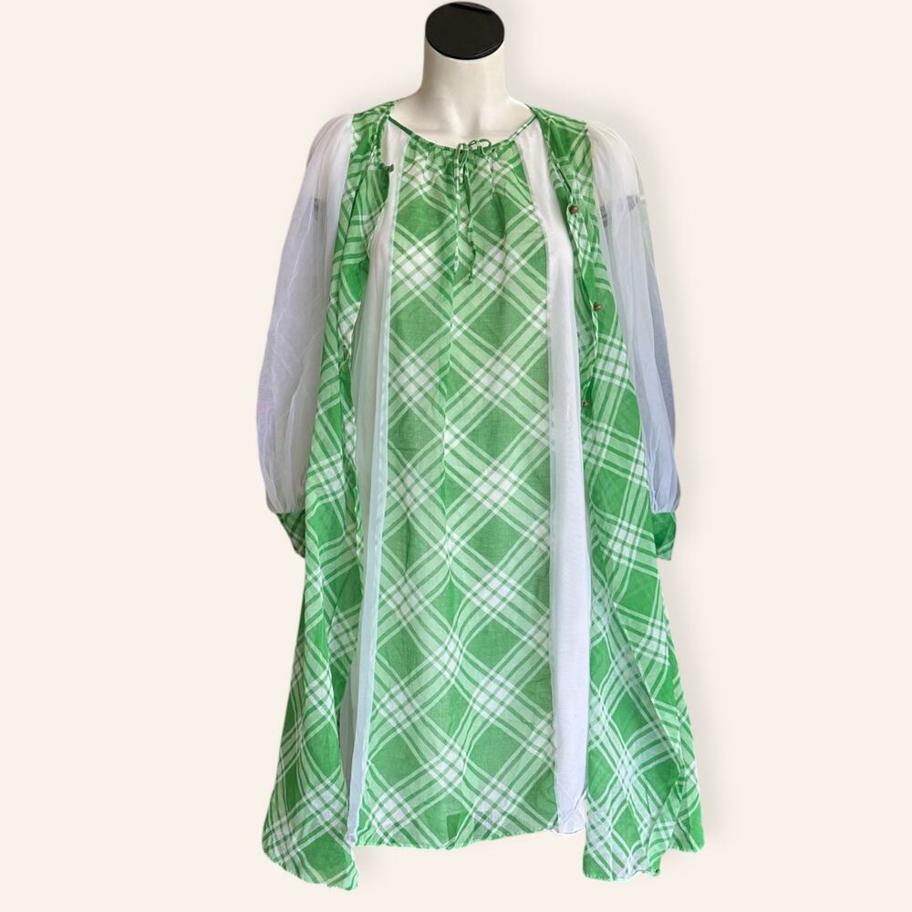 1960's lingerie Set Nightie Set Robe & Gown, Green + White Women's Medium